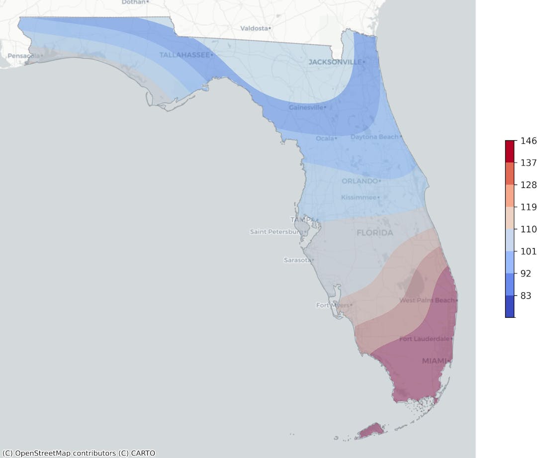 Florida  tropical cyclone risk heat map: Regions color-coded based on frequency of hurricanes and tropical storms, weighted by wind speed, derived from NOAA's historical cyclone track data